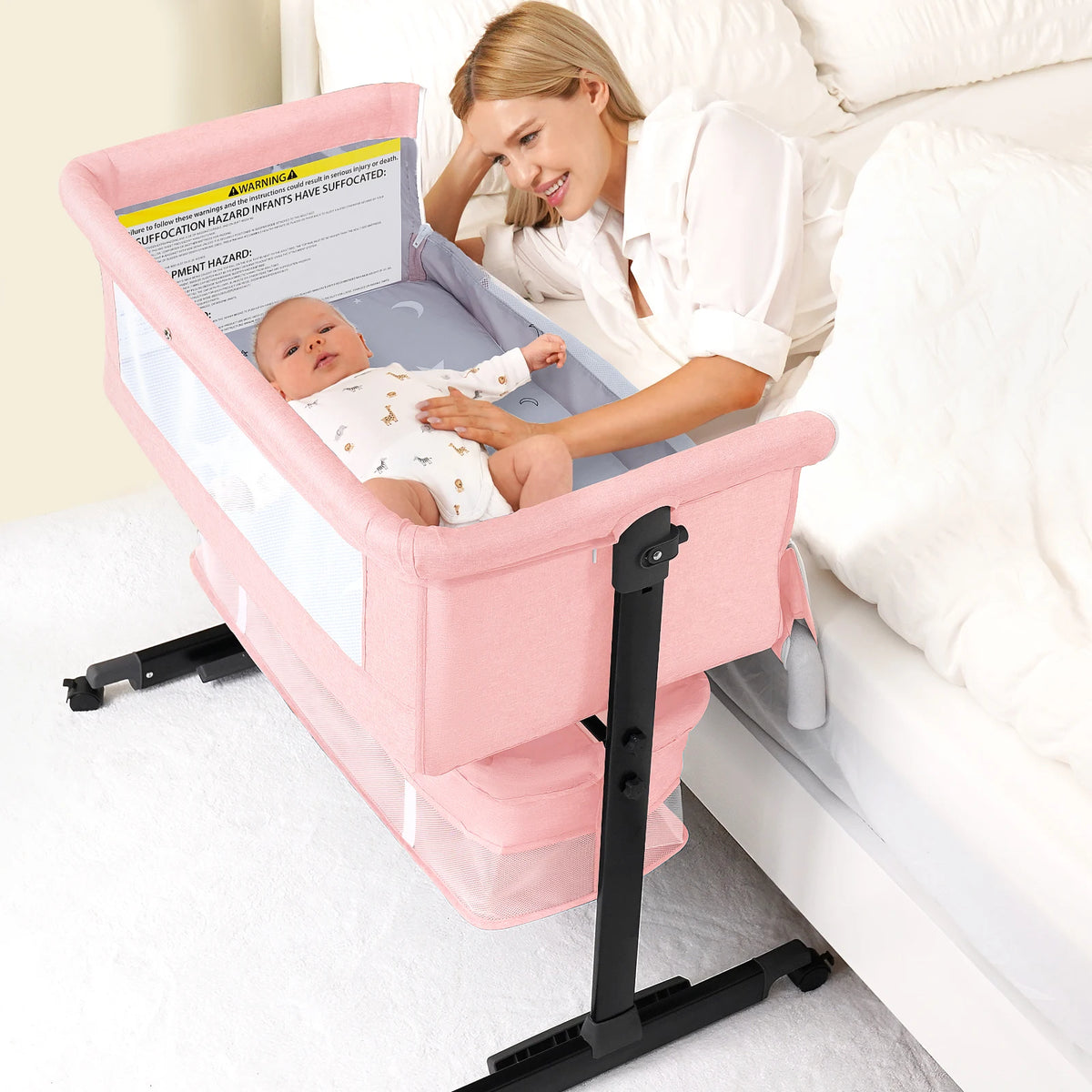 Baby Bedside Bassinet with Mosquito Canopy and Adjustable Height – Pink