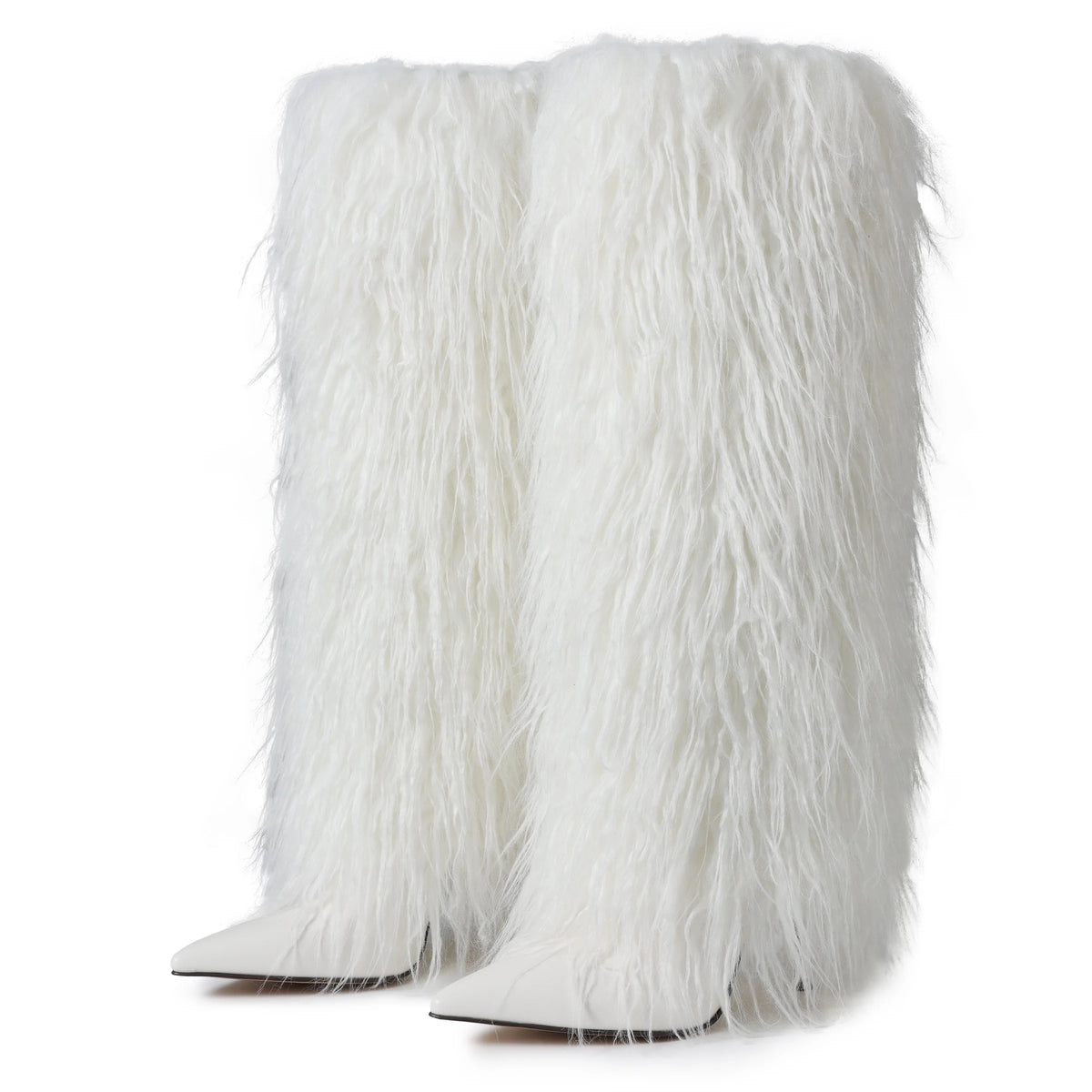 Women's Stiletto Knee High Boots with Faux Fur Shaft – White