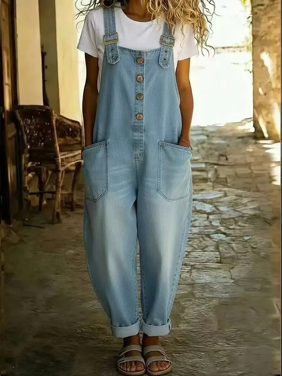 Collage showing a woman in blue denim overalls on a beach and in a cafe with size and material text overlay.