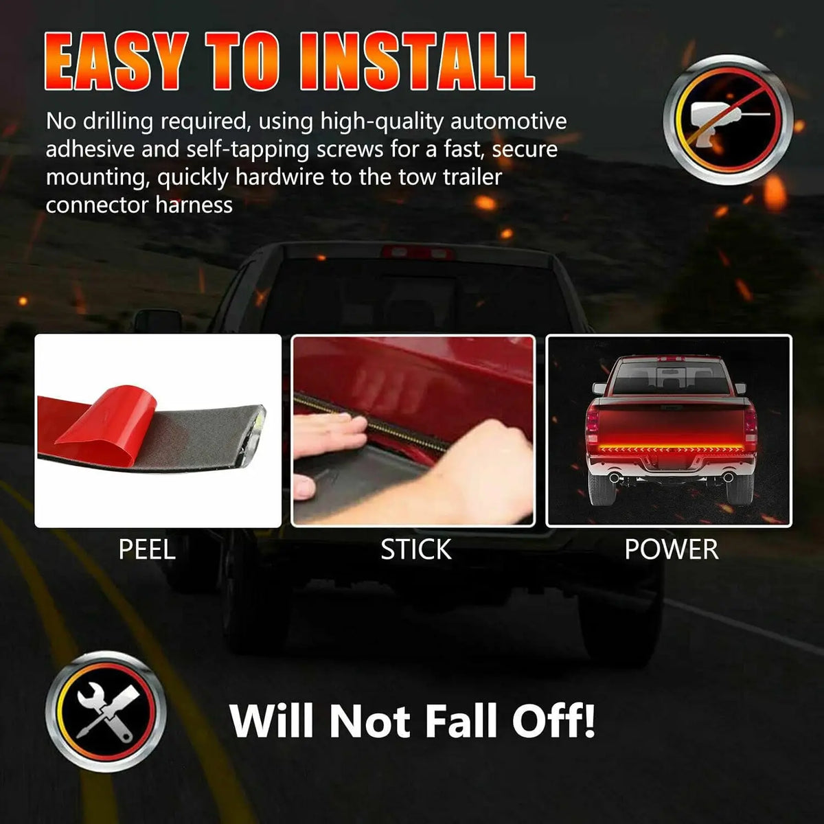 Installation instructions for adhesive LED tailgate light bar showing peel and stick method