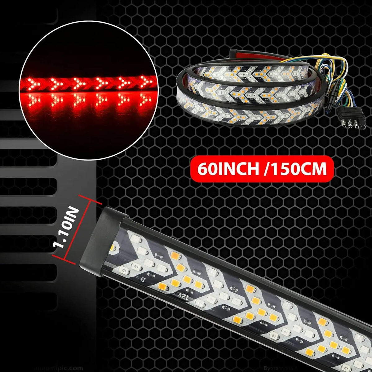 LED light strip with close-up of light pattern and plug connector