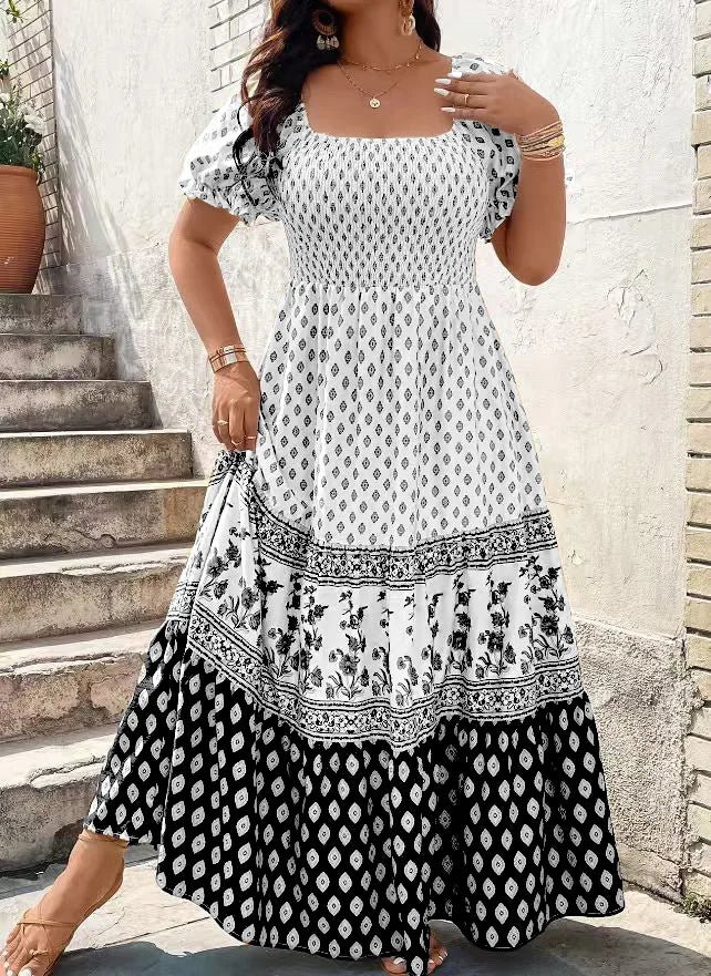 Women's Bohemian style knee-length floral print dress with short sleeves and smocked detail – WHITE