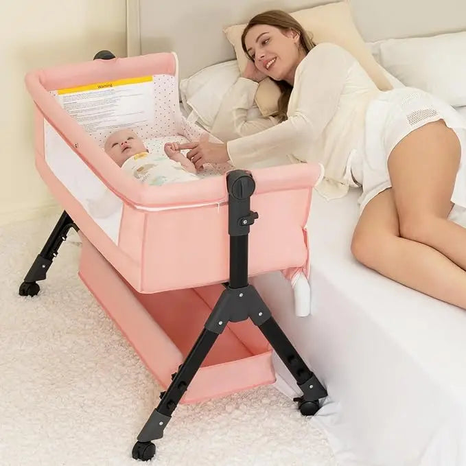 3-in-1 Foldable Baby Bassinet Bedside Sleeper with Mosquito Canopy – Pink