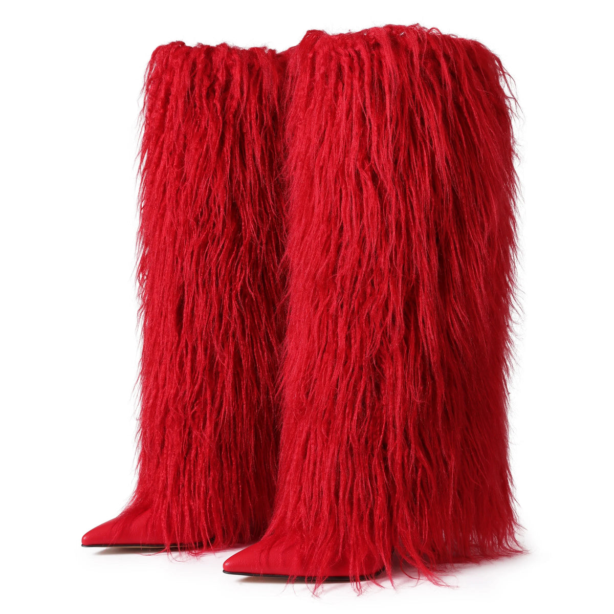 Women's Stiletto Knee High Boots with Faux Fur Shaft – Red