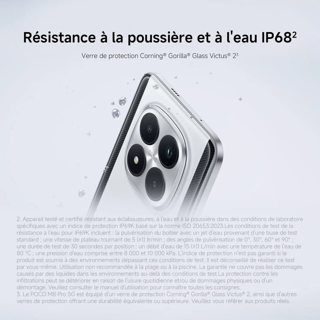 Rear camera module of a smartphone with water droplets indicating water and dust resistance.
