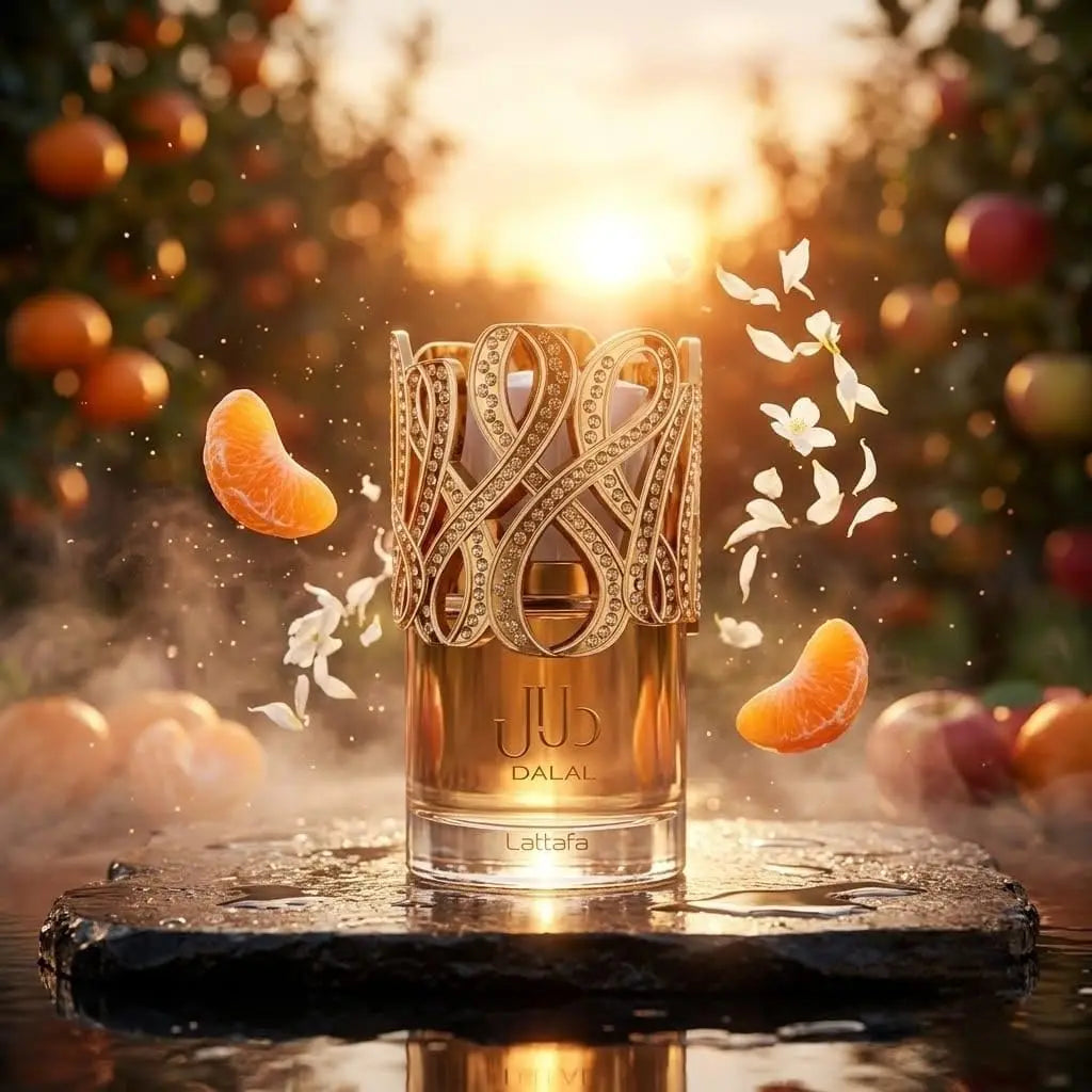 A perfume bottle surrounded by floating mandarin segments and white blossoms in an orchard setting.