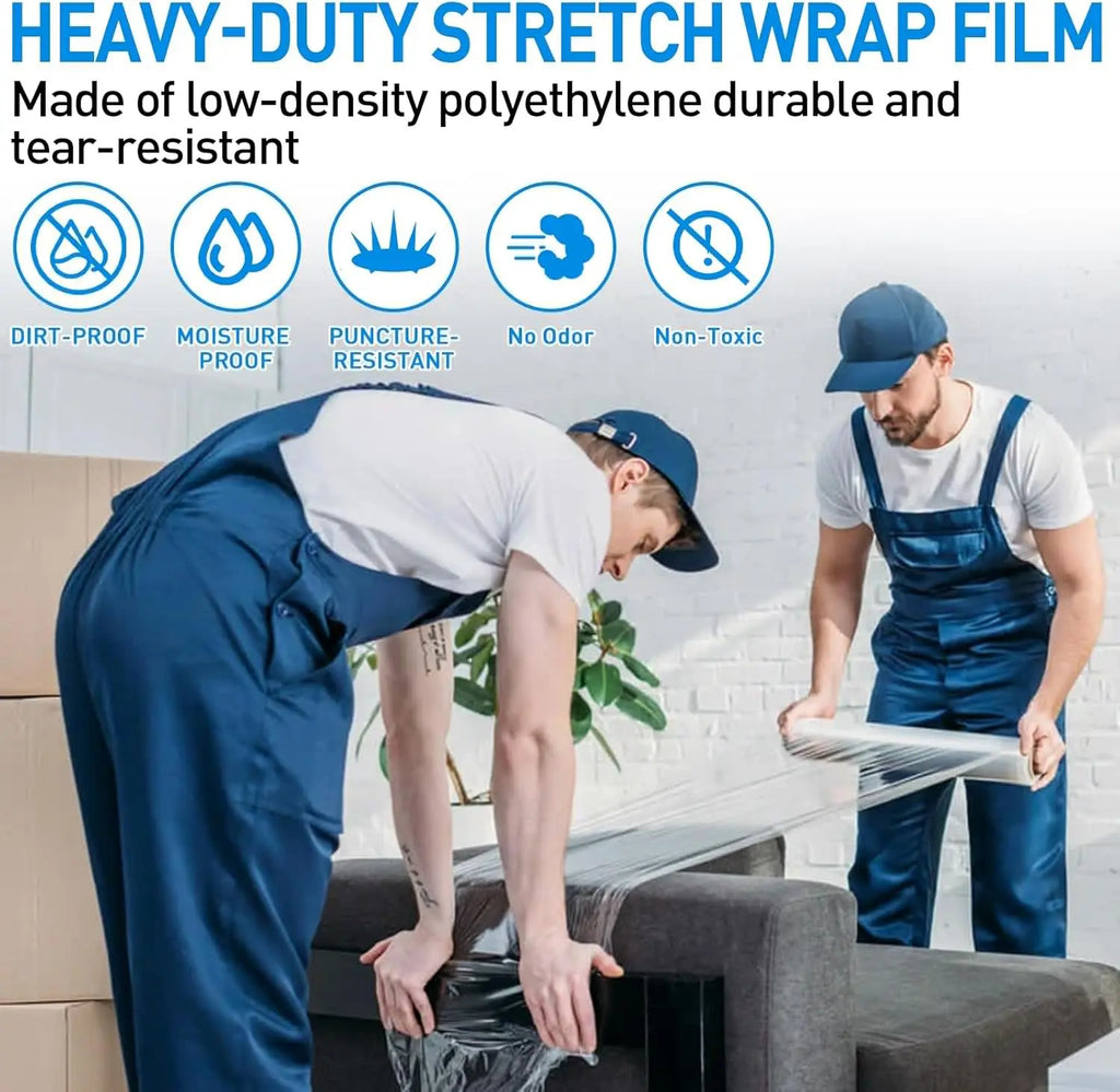 A man using clear stretch wrap to pack a sofa, with infographic icons showing the film's properties