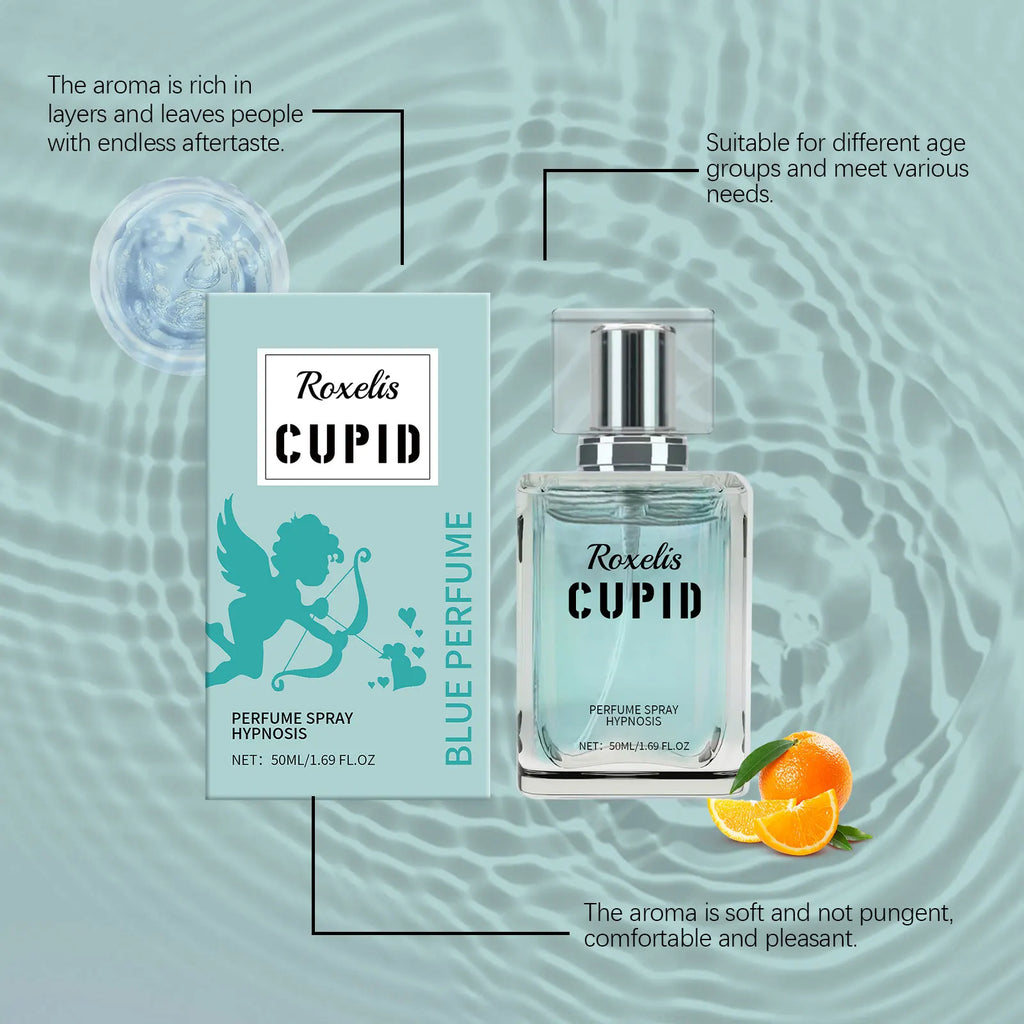Product details for a light blue fragrance, highlighting the bottle and box with orange slice accents.