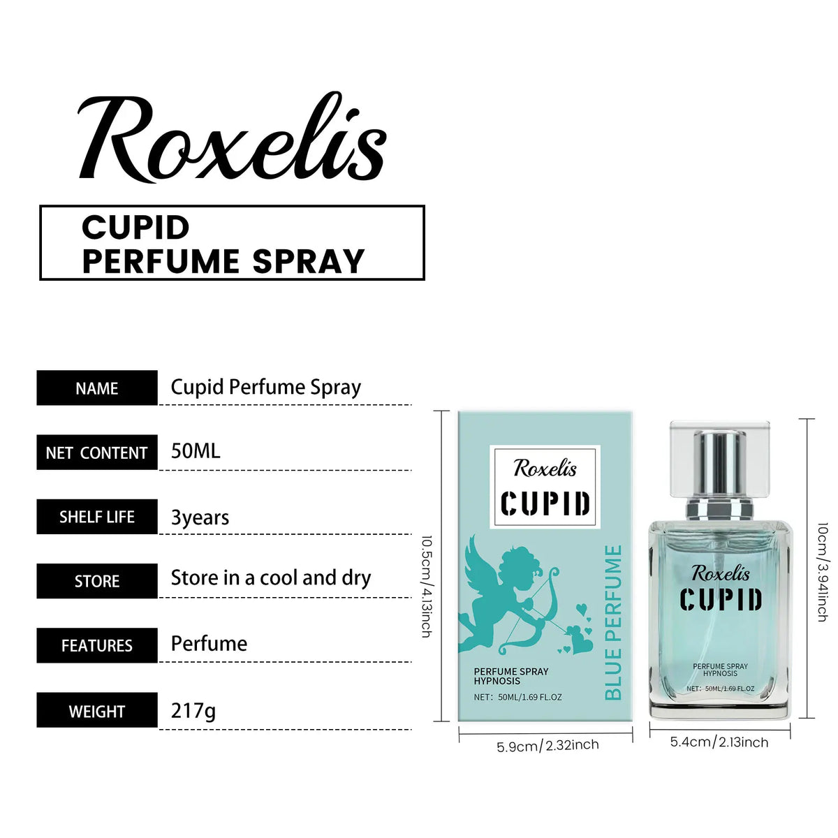 Specification chart showing the dimensions and details of a 50ml light blue perfume spray and its box.