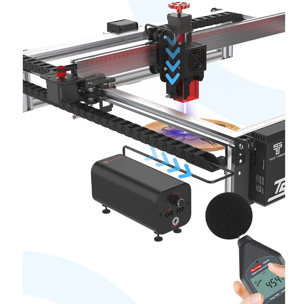 Air assist pump installed on a laser engraving machine with sound measurement tool