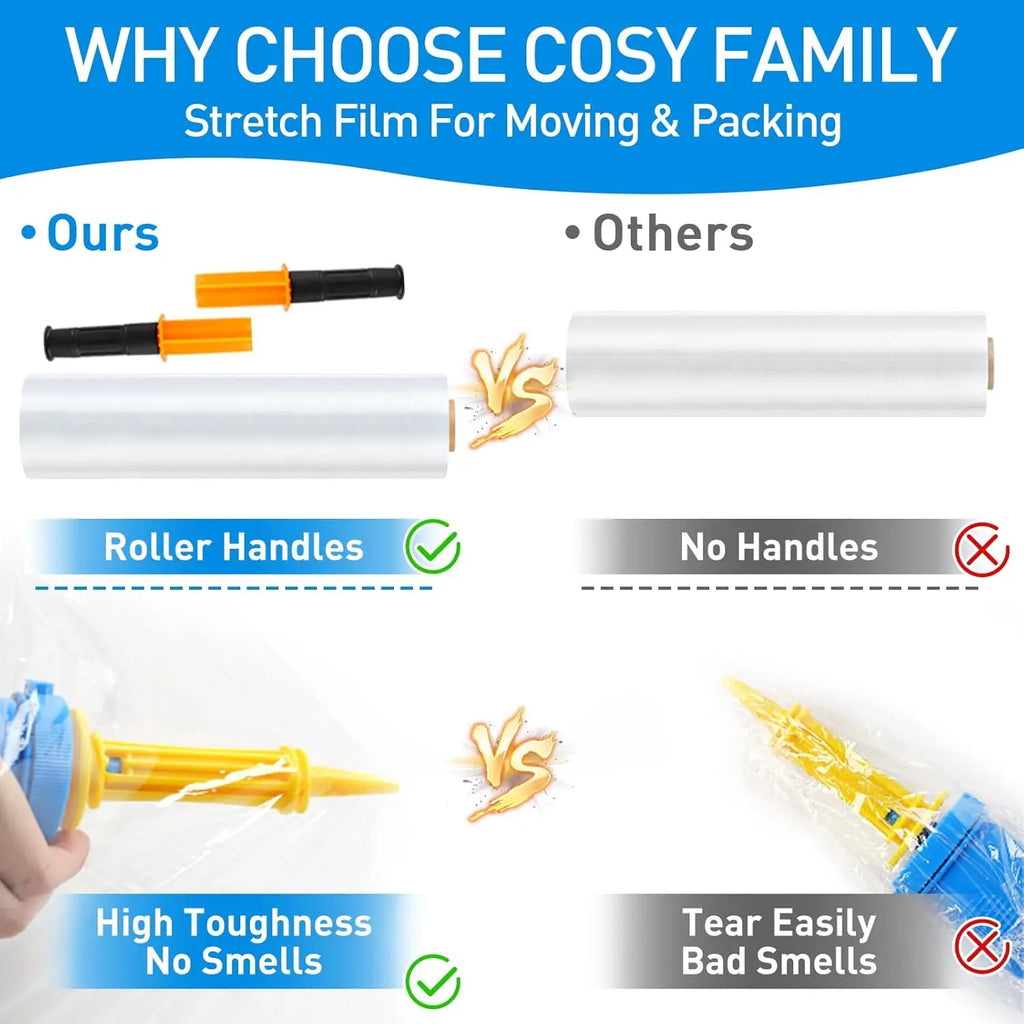 Comparison chart showing the benefits of heavy duty stretch film with handles versus standard wrap