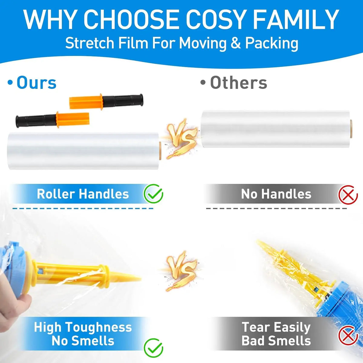 Comparison chart showing the benefits of heavy duty stretch film with handles versus standard wrap