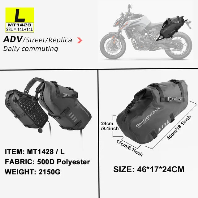 Rhinowalk Waterproof Motorcycle Side Saddle Bags 18L to 48L – Black-28L(14L-2 pcs)