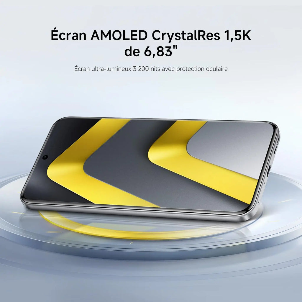 Smartphone with an AMOLED CrystalRes display screen facing forward.
