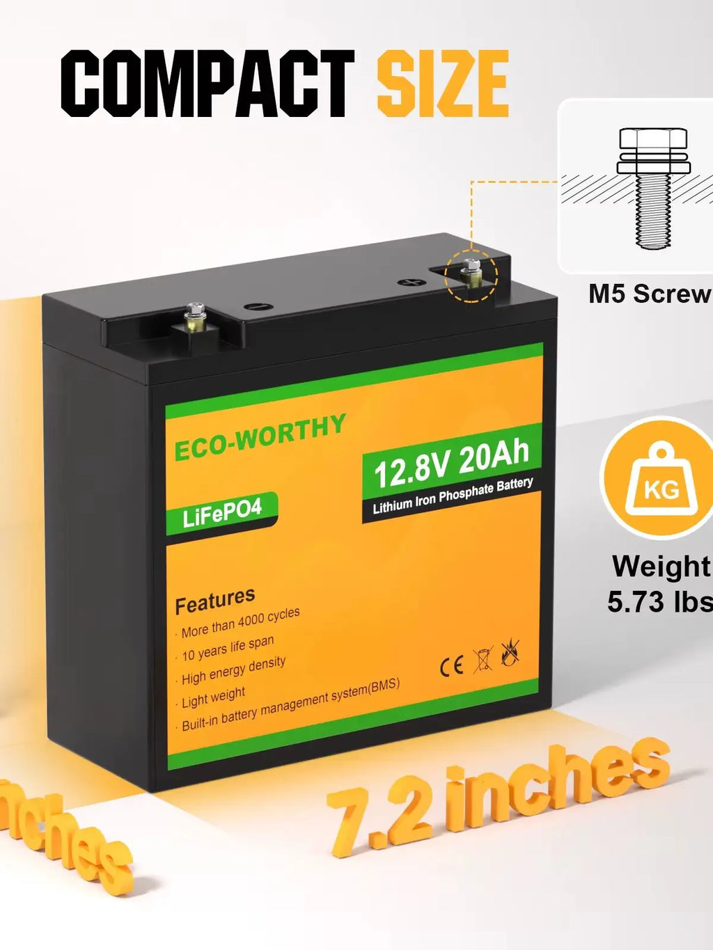 12V 20Ah lithium battery showing size, M5 screw and weight features