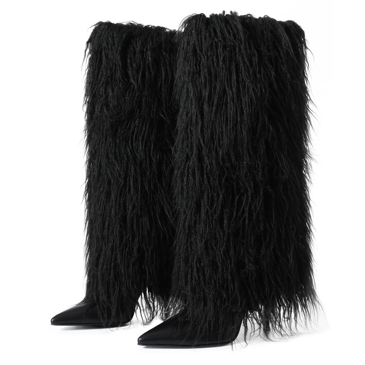 Women's Stiletto Knee High Boots with Faux Fur Shaft – Black