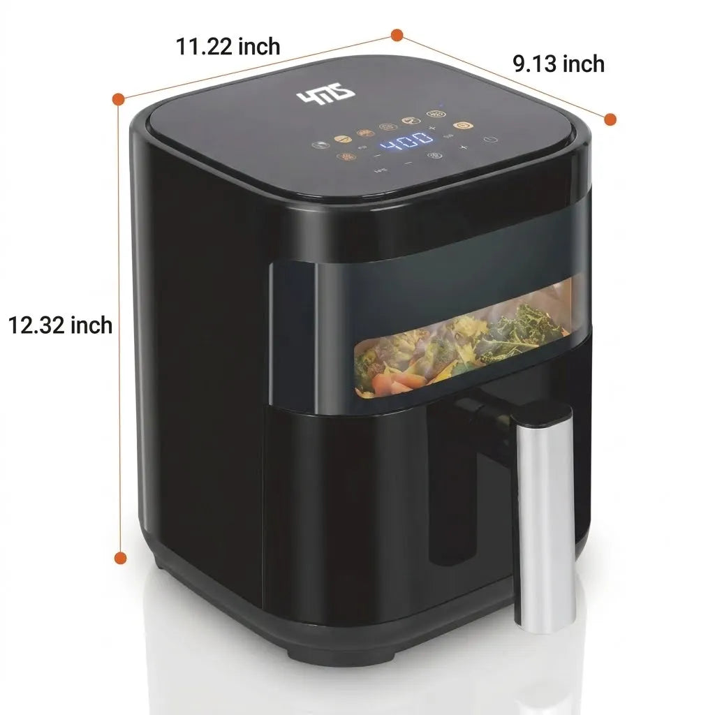 Black digital air fryer showing height, width, and depth dimensions
