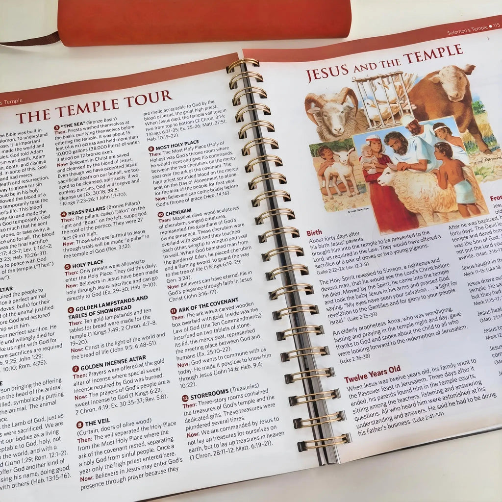 An open spiral-bound Bible study book showing Jesus and the Temple information.