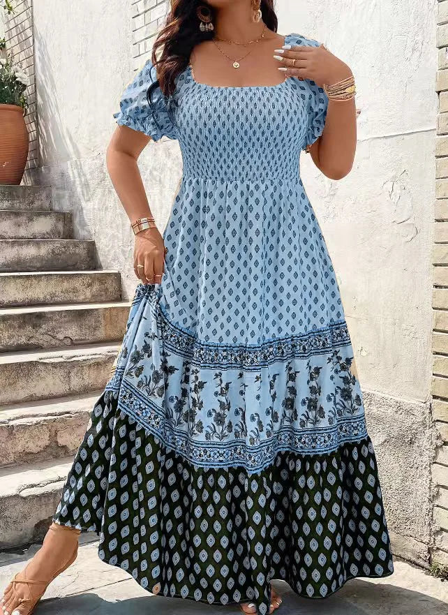 Women's Bohemian style knee-length floral print dress with short sleeves and smocked detail – Blue