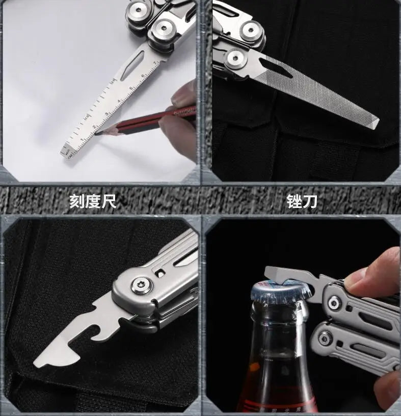 Close-up of multifunctional pliers featuring a ruler, file, bottle opener, and blade