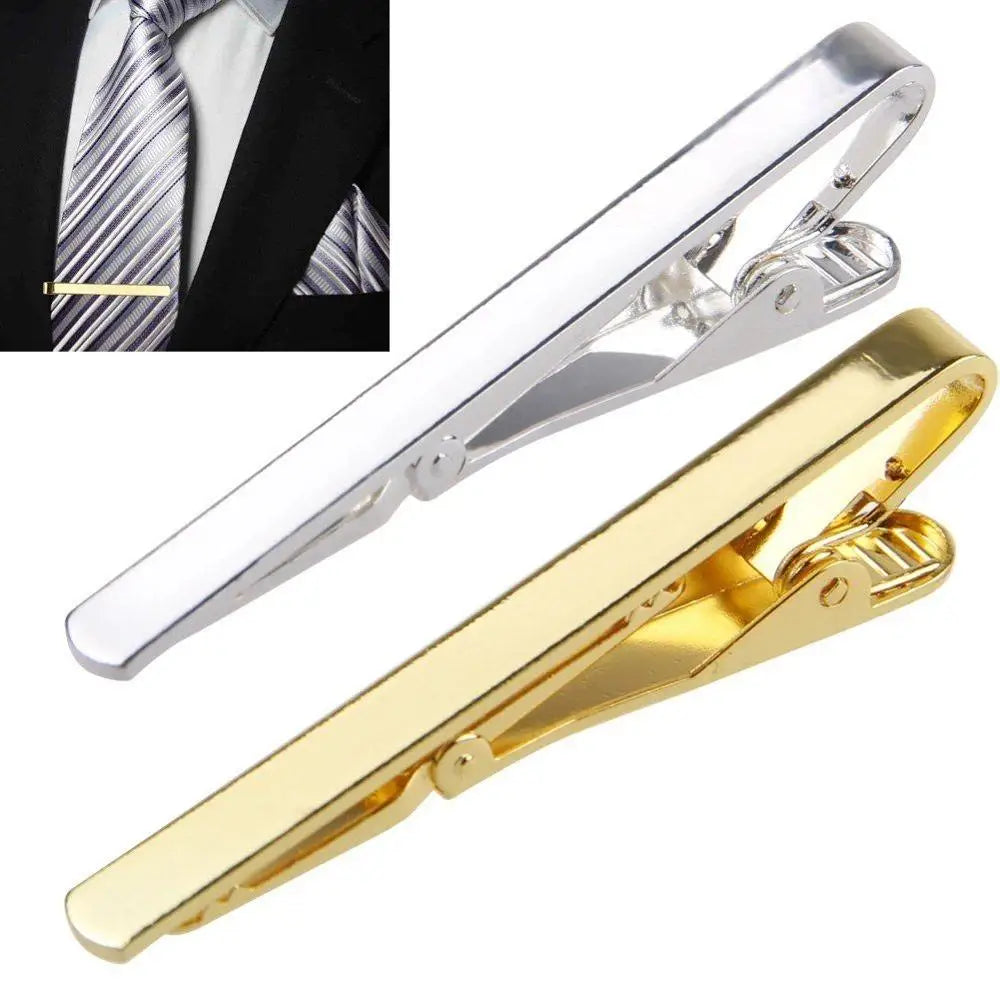Silver and gold metal tie bars, one shown attached to a striped necktie