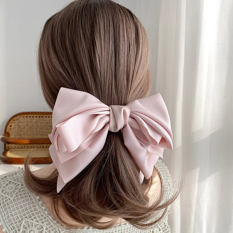 Satin Bowknot Barrette - Large Multi-Layer Hair Clip – Water pink