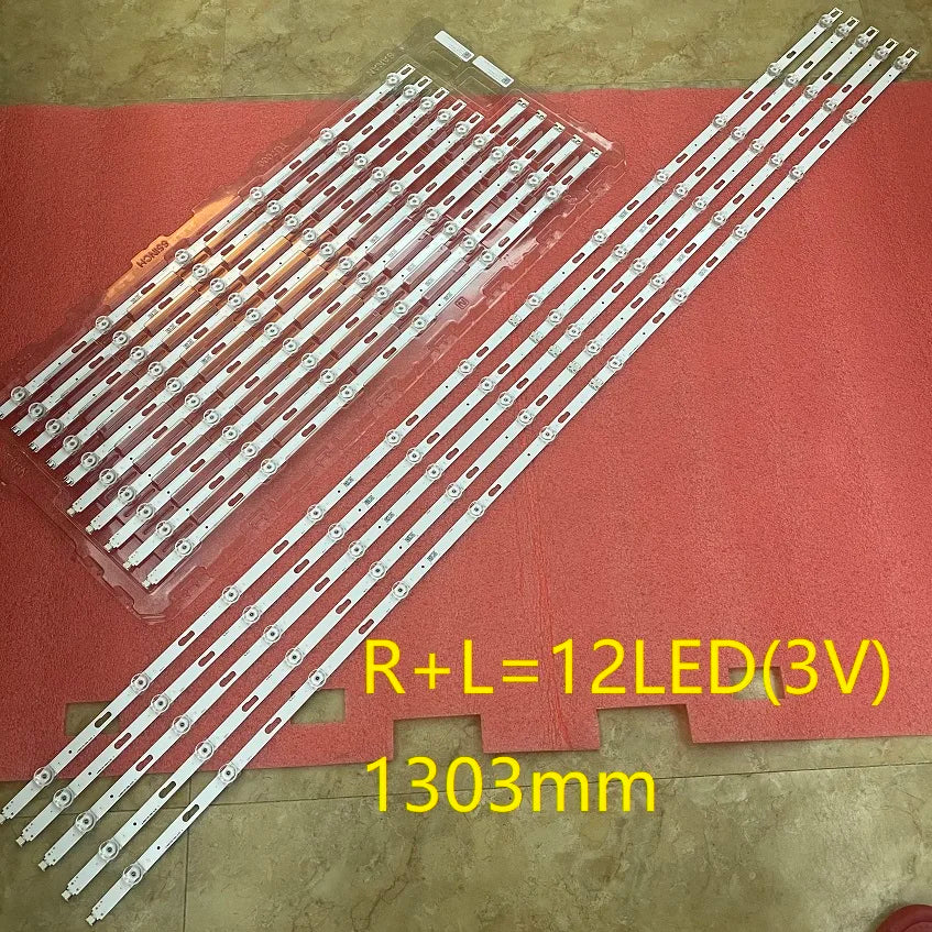TV LED backlight strips in packaging next to loose strips on red surface with technical specifications written on the image.