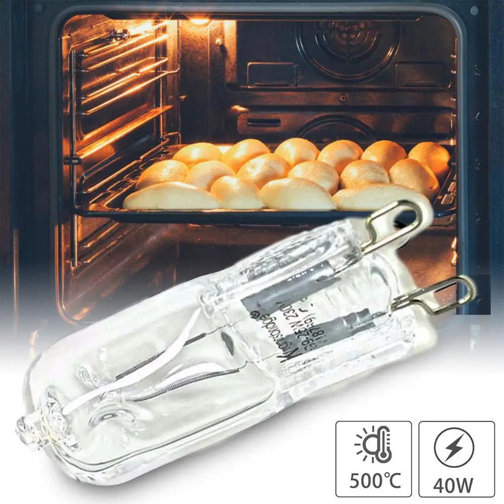 Clear G9 halogen oven light bulb, 40W, heat resistant up to 500 degrees Celsius.