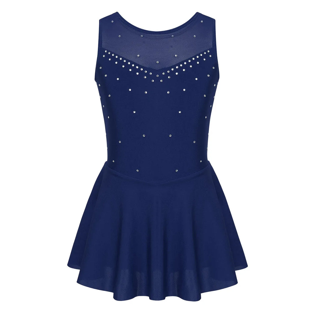 Girls Sparkly Rhinestone Ballet Gymnastics and Figure Skating Dress – Navy Blue