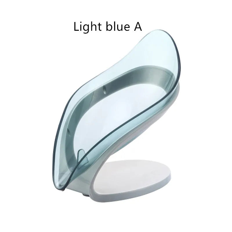 Leaf-Shaped Plastic Suction Cup Soap Dish with Automatic Drain – Blue