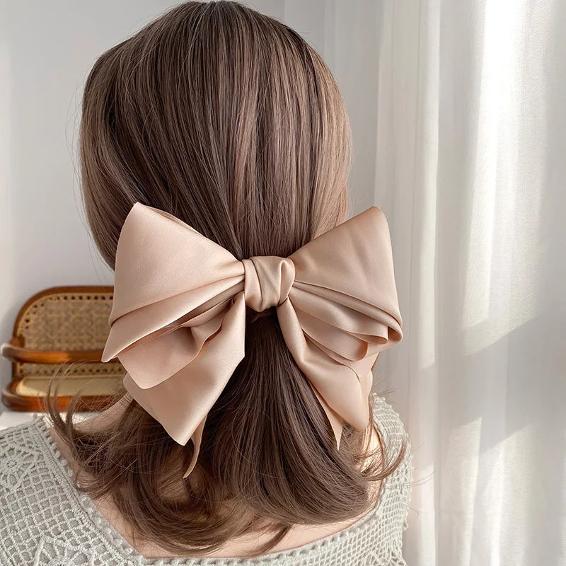 Satin Bowknot Barrette - Large Multi-Layer Hair Clip – Champagne