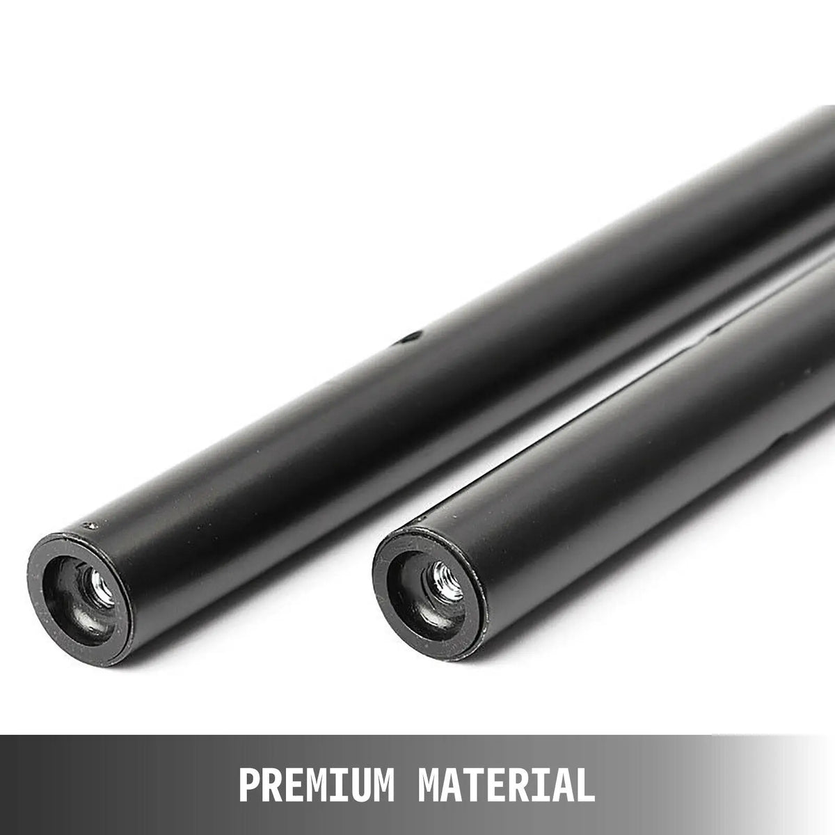 Close up of black metal poles used in a portable backdrop stand