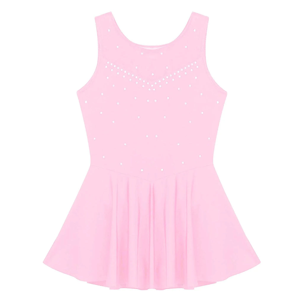 Back view of a pink sleeveless ballet leotard with a skirt and rhinestones