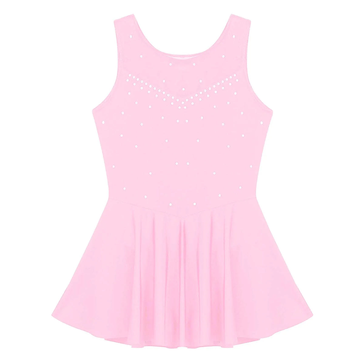 Back view of a pink sleeveless ballet leotard with a skirt and rhinestones
