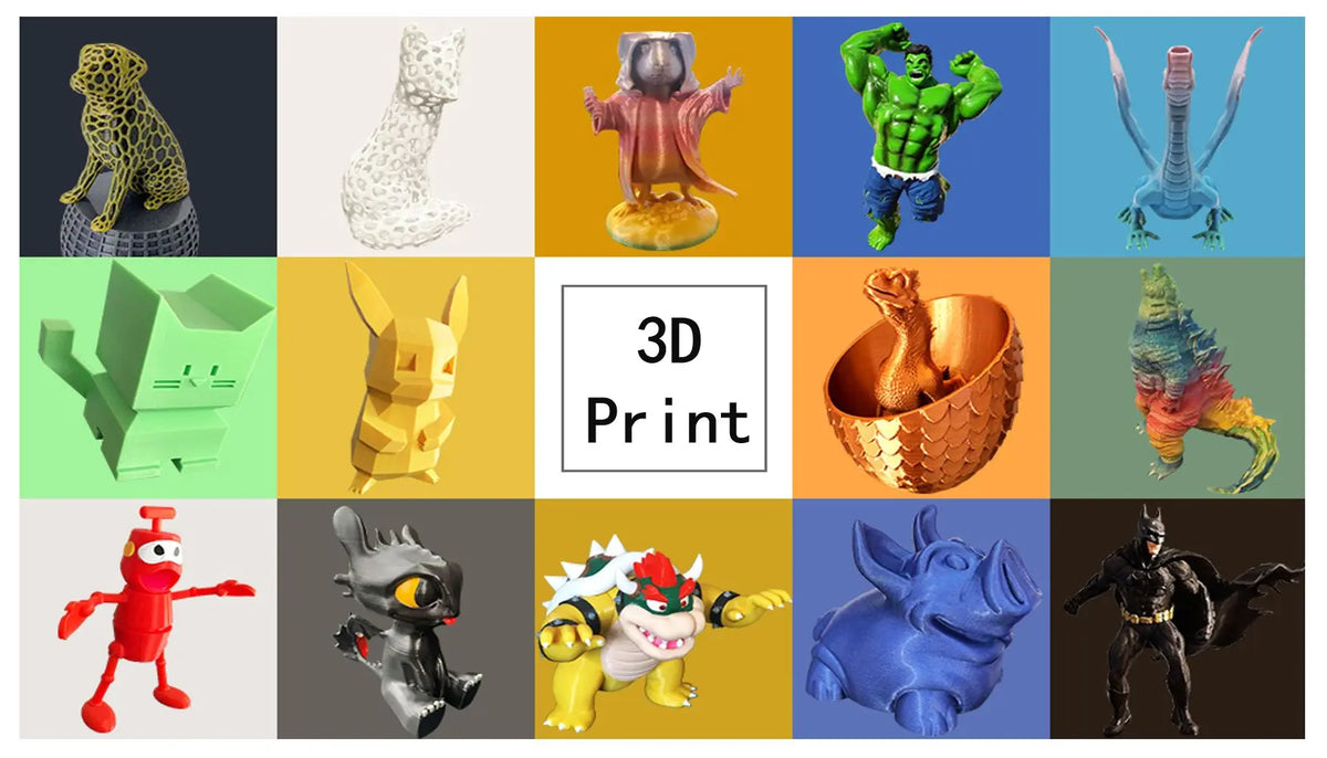 A collection of various 3D printed plastic figures