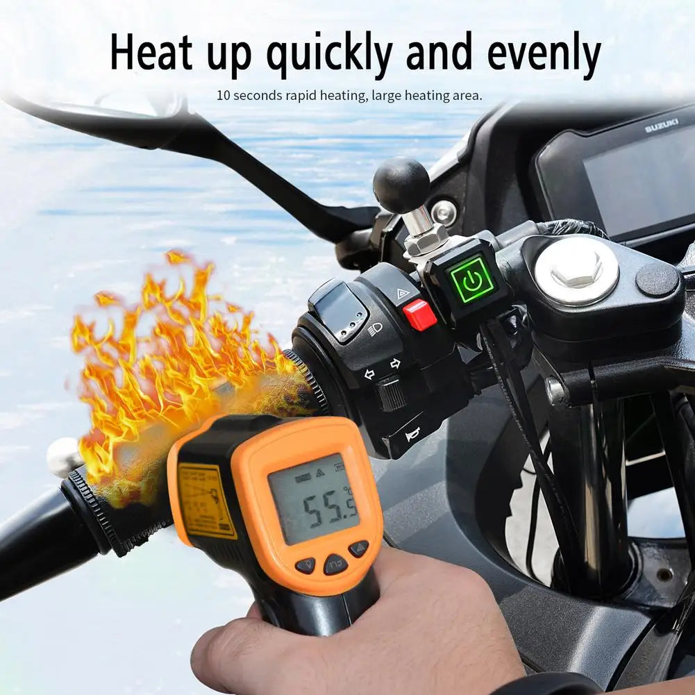 Hand holding a thermometer gun over a heated motorcycle grip showing the heating process.