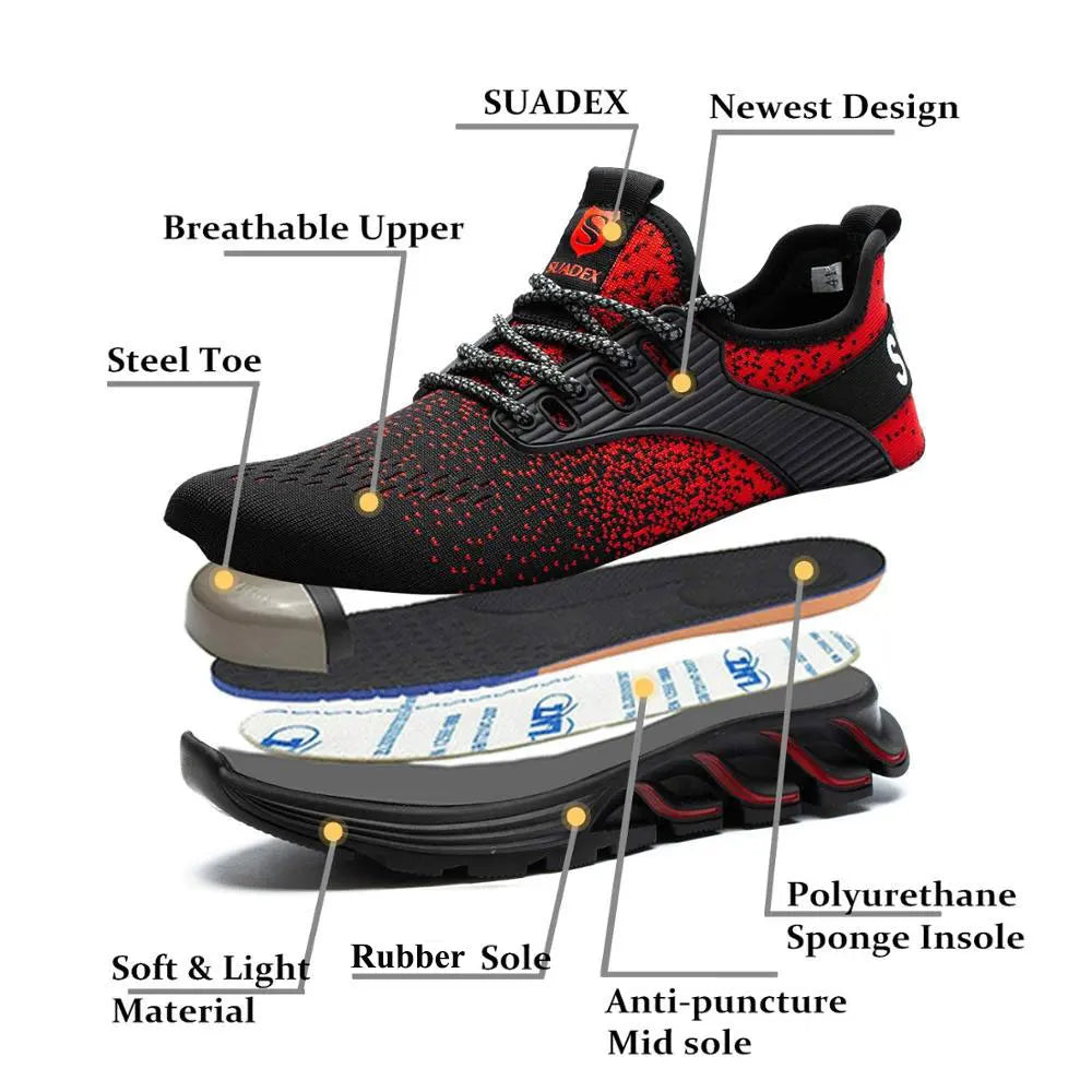 Exploded view of red and black safety sneaker showing internal components