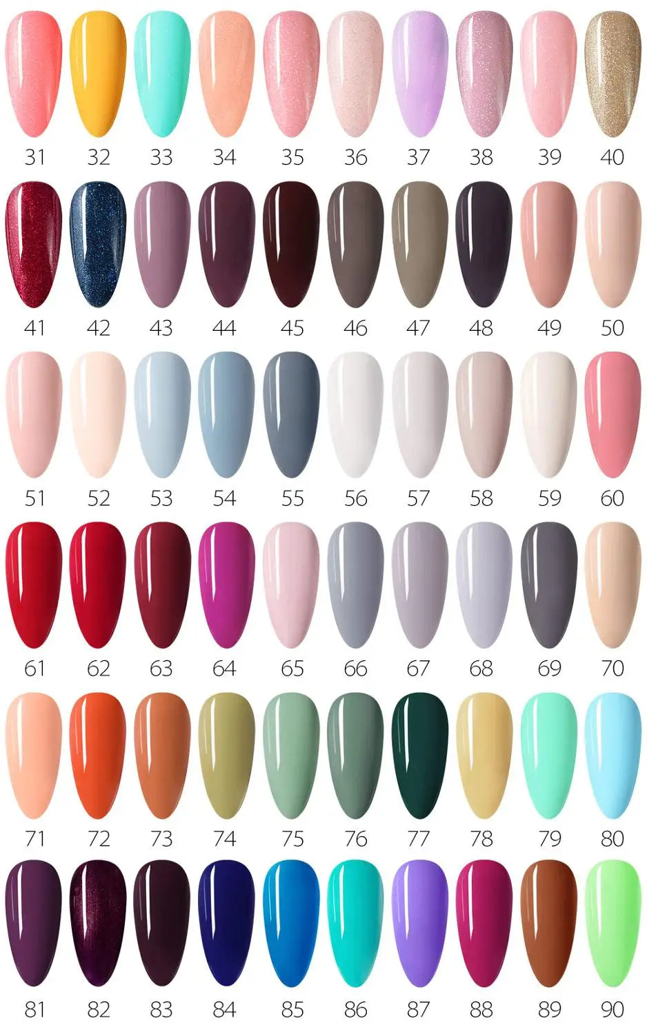 A comprehensive color chart for gel nail polishes with sixty labeled swatches