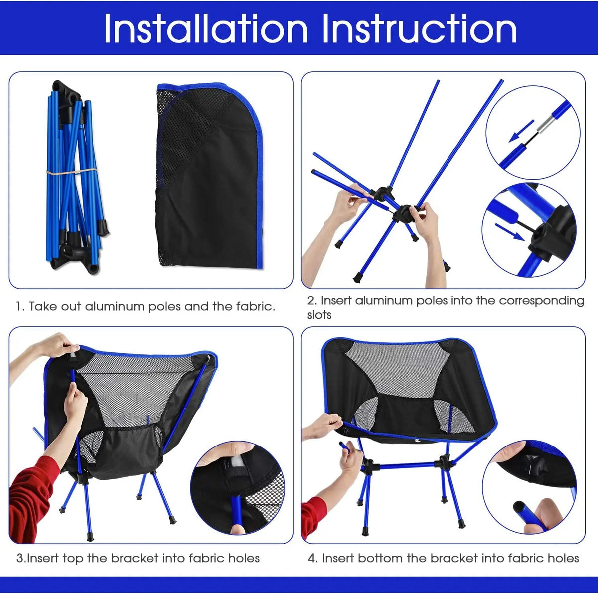 Step-by-step assembly instructions for a lightweight folding camping chair with aluminium frame.