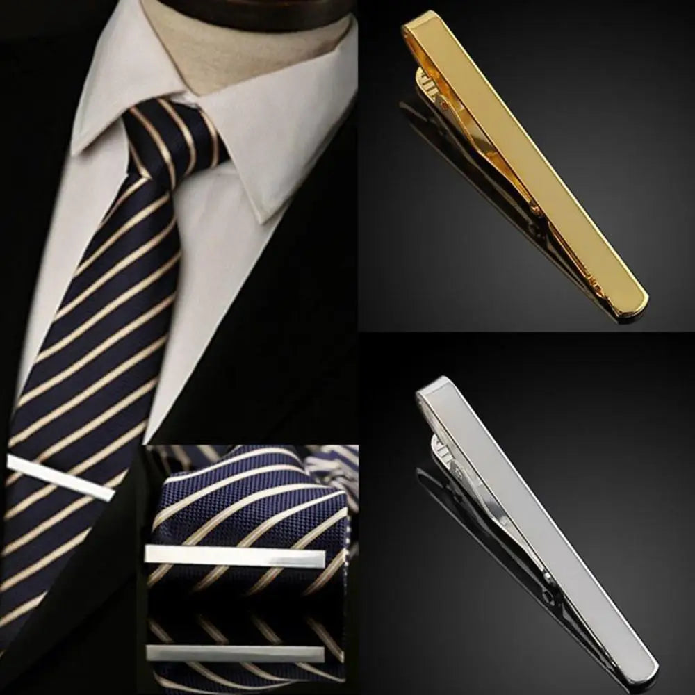 Gold and silver metal tie bars, one shown attached to a striped necktie