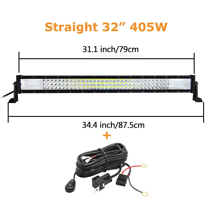 Auxtings Triple Row LED Light Bar, 22–52 Inch Curved or Straight – Straight 32in wire