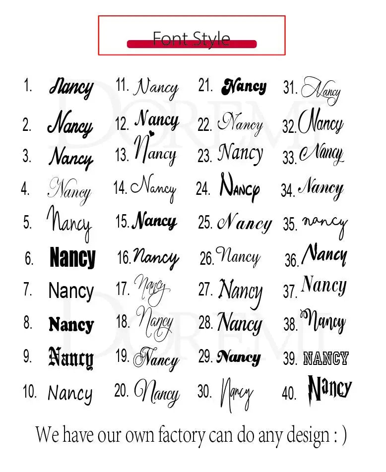 Chart showing different script font styles for custom name jewelry