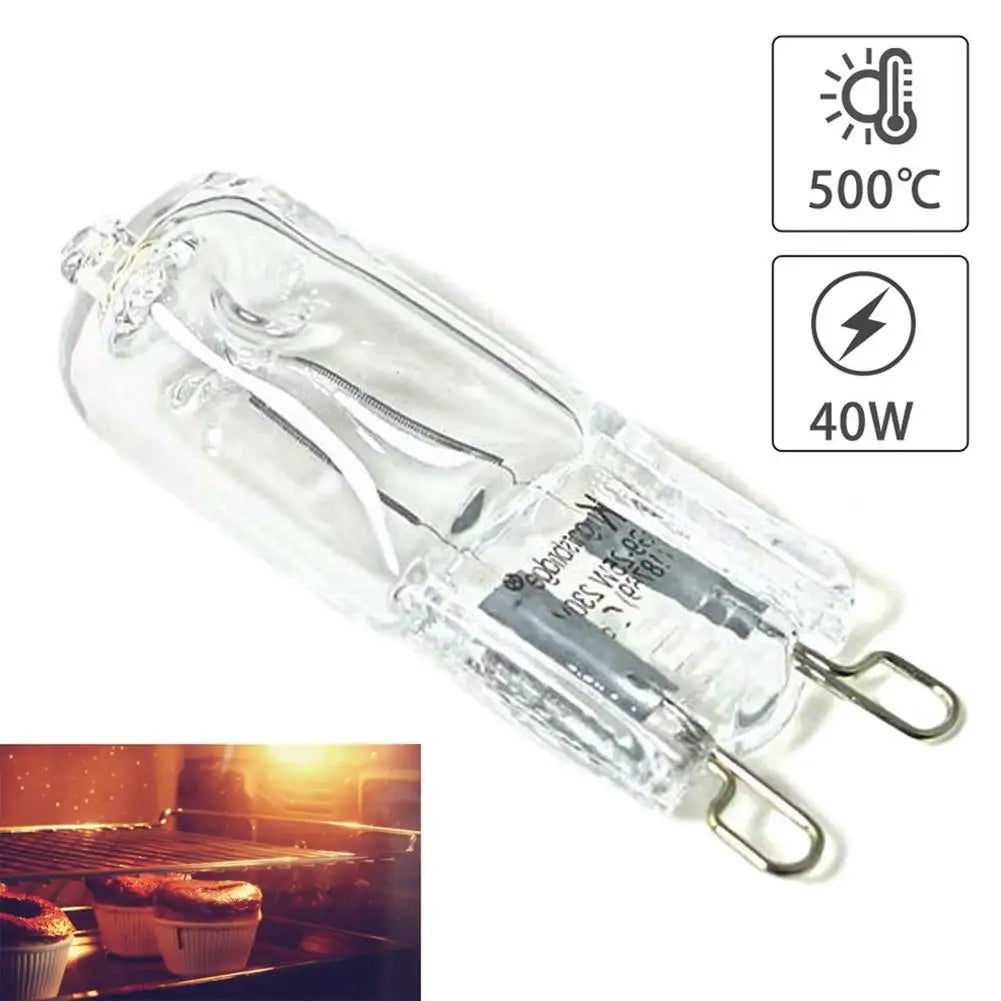 Clear G9 halogen light bulb for ovens, 40W, 500 degrees Celsius heat resistant.
