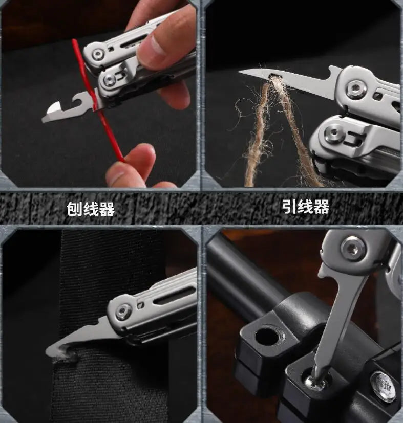 Close-up of multifunctional pliers being used for wire stripping, threading, and tightening a screw