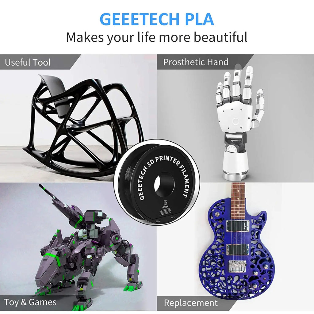 Examples of 3D printed objects made with black filament