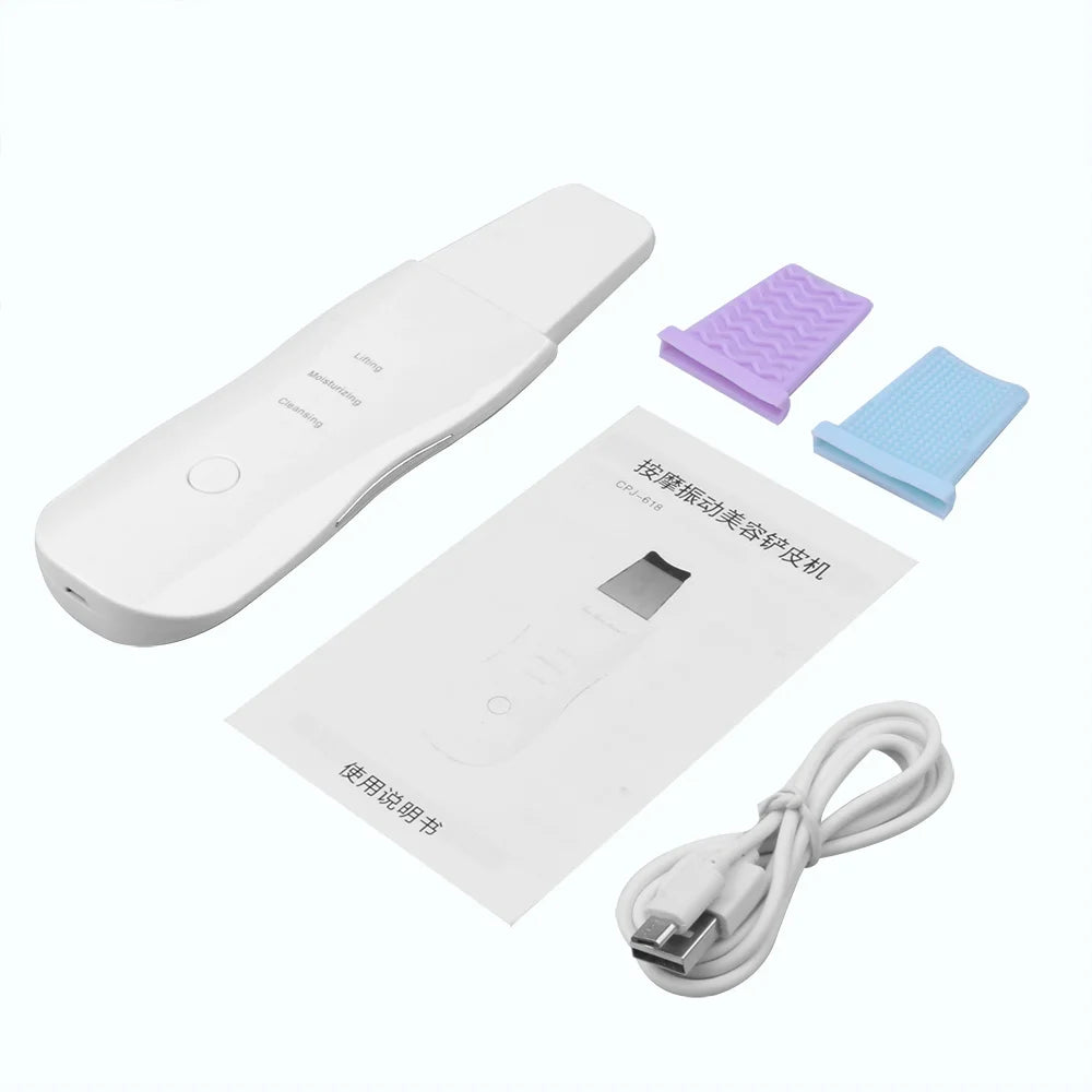 Ultrasonic Skin Scrubber and Facial Massager with Vibration – White