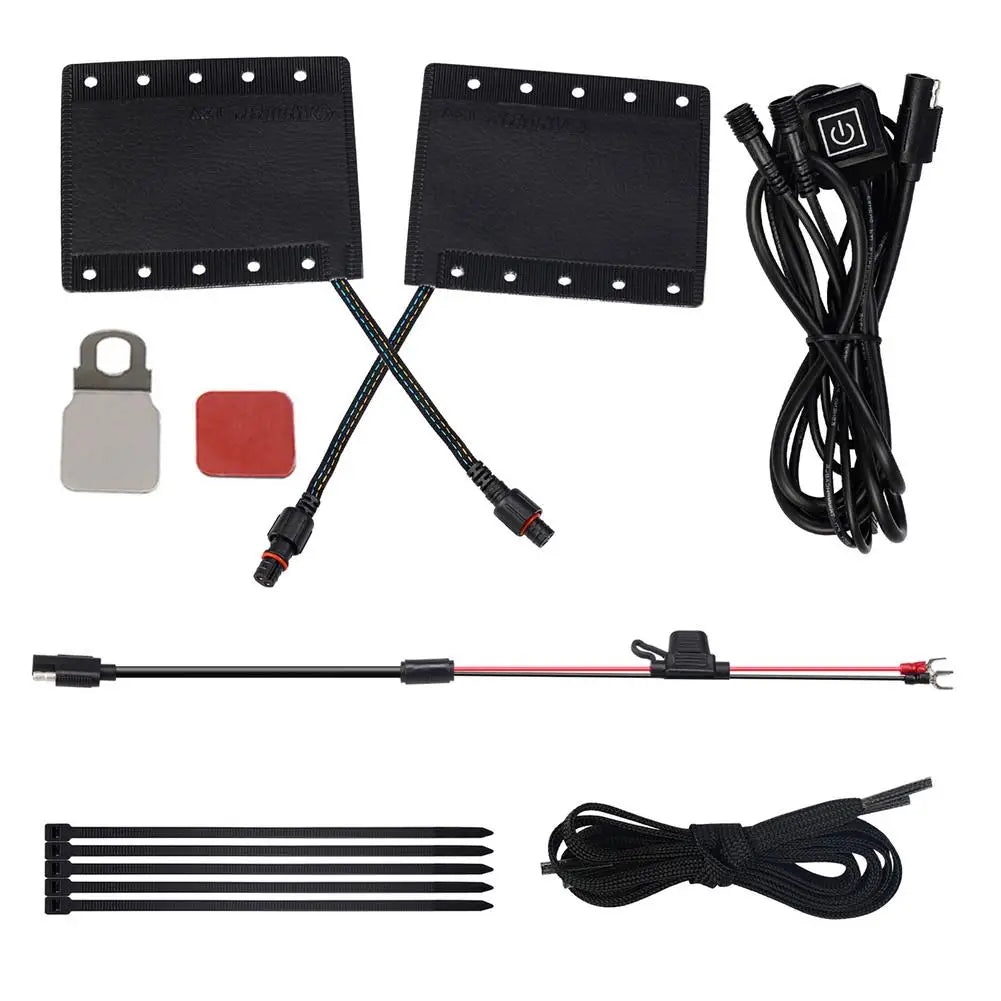 A set of motorcycle heated grip covers with wiring, switch, and accessories on a white background.