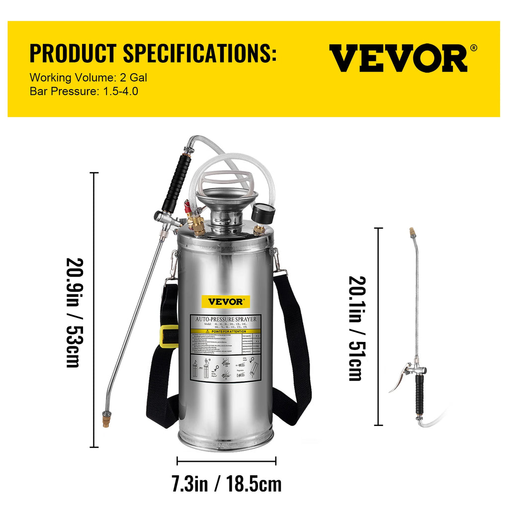 Stainless Steel Hand Pump Sprayer - 4L to 12L Adjustable Garden Atomizer – 8L 2Gal
