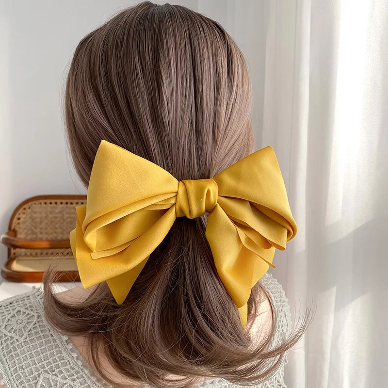 Satin Bowknot Barrette - Large Multi-Layer Hair Clip – Yellow