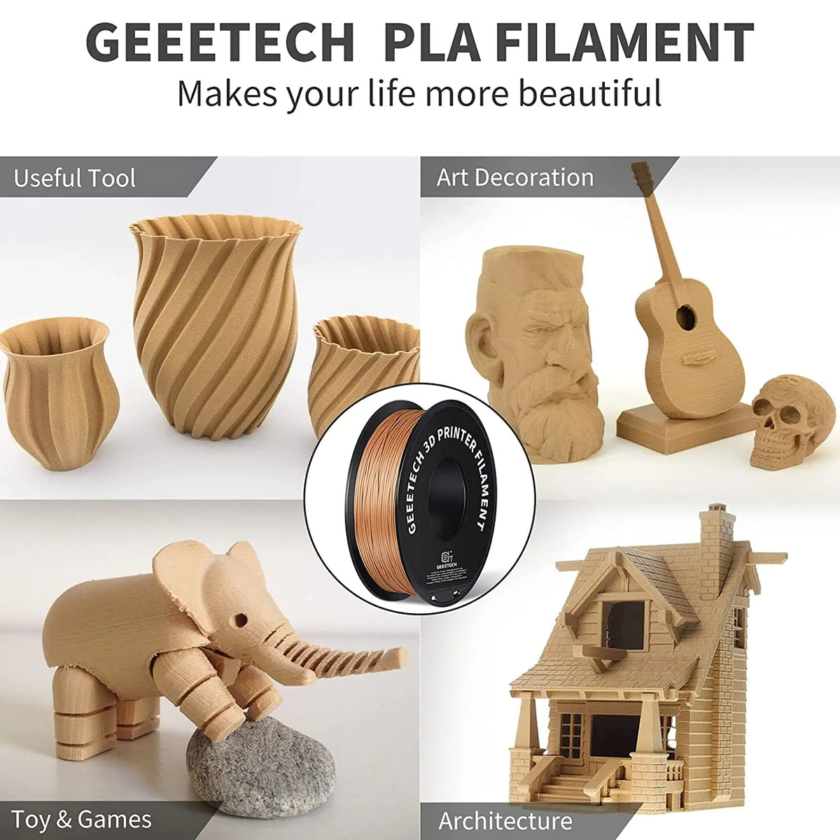 Examples of 3D printed objects made with tan filament